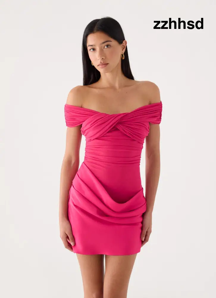 Farida Off Shoulder Mini Dress - Fuchsia - Mini Dresses